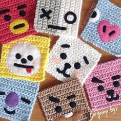 crocheted coasters with faces on them