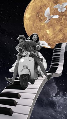 a man and woman riding on the back of a scooter next to a piano