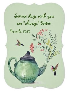 a green teapot with birds flying around it and the words service days with you are always better