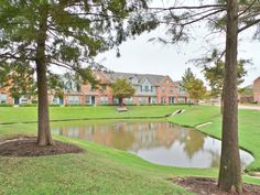 a pond surrounded by trees in front of a row of houses