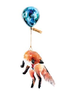 a watercolor painting of a fox holding a blue balloon with the earth in it