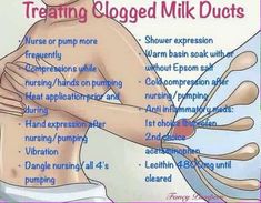 a woman with her hands on her back and the words, treating logged milk ducts