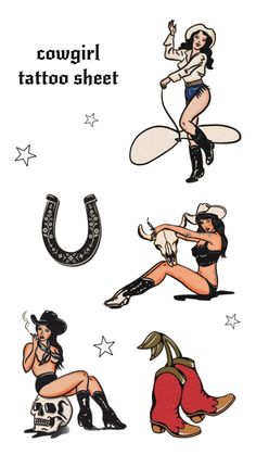 cowgirl tattoo sheet Country Tattoo, Cowgirl Tattoo, Western Tattoo, Cowboy Tattoos, American Traditional Tattoo Ideas, Traditional Tattoo Ideas, Tattoo Sheet, Country Tattoos