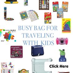 there are many items that can be found in the bag for traveling with kids click here