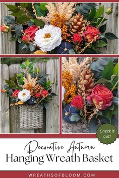 a basket filled with flowers and greenery on top of a wooden fence