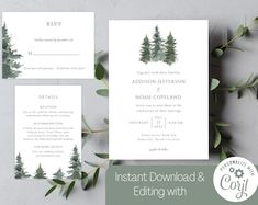 an image of wedding stationery with greenery and pine trees on the front, in white