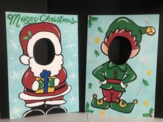 two christmas cards with cartoon characters on them, one is holding a gift box and the other has a santa clause