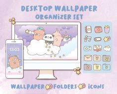 desktop wallpaper organizer set with cartoon pigs on cloud and stars in the sky next to it