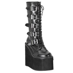 They’ll Be Afraid To Say You Name Out Loud With The Assassinatrix Platform Boots From Demonia. These Killer Festival Boots Feature A Black Vegan Leather Upper, Lace Up Front, Buckle Strap Details, And Interior Zipper Closure. Theres No One More Cold Blooded Than You. 5 1/2" (14cm) Wedge Platform Vegan Pu Leather Cyber Punk 5 Buckle Platform Full Back Zipper Black Black Hologram Shoes, Demonia Platforms, Demonia Boots, Alternative Shoes, Goth Boots, Gothic Boots, Demonia Shoes, Pu Boots, Black Platform Boots