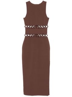 brown knitted construction concealed rear hook and zip fastening boat neck sleeveless cut-out detailing fitted waistline side slit unlined straight hem ankle-length Wag Dr, Midi Dress Brown, F1 Wag, Yoko London, Wardrobe Edit, Cult Gaia, Exclusive Fashion, Coat Dress, Boat Neck