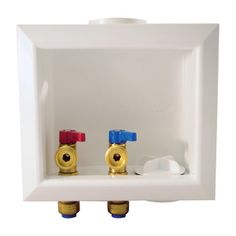 two valves in a white box with red and blue caps on the top of them