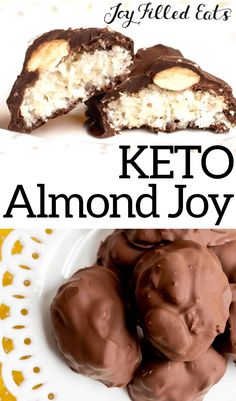 keto almond joy bites on a white plate with the words, easy and delicious