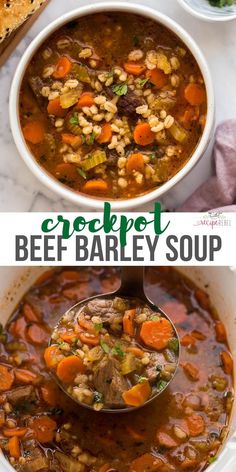 two pictures showing different types of beef barley soup