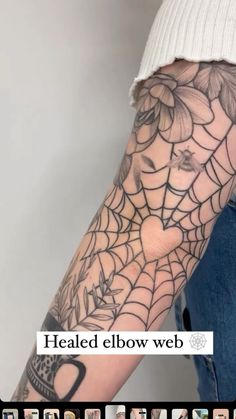 a person with a spider web tattoo on their arm and the caption reads, healed elbow web