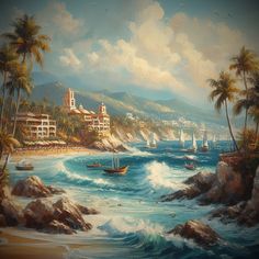 an oil painting of boats in the ocean with palm trees and buildings on the shore