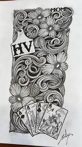 a drawing of flowers and playing cards with the word hv on it's side