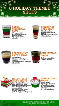 Holiday Themed Shots Easy Christmas Shots, Christmas Party Shots, Holiday Shot Recipes, Themed Shots, Holiday Shots, Mini Drinks, Christmas Shots, Party Shots, Peppermint Christmas