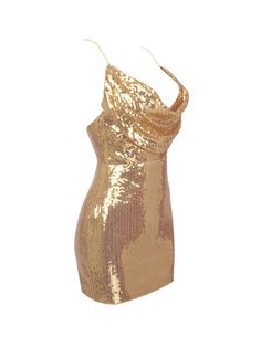 a gold dress with sequins on the shoulders and one shoulder, in front of a white background