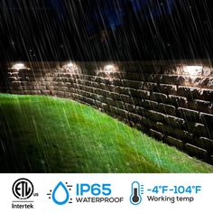 an advertisement for a waterproofing company with flood lights on the side of a brick wall