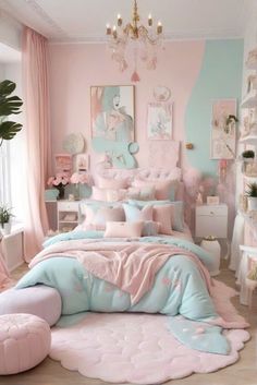 a bedroom decorated in pastel colors with pink and blue accents