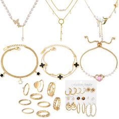 PRICES MAY VARY. 🌟[Affordable Jewelry for Women]: One Order Including 33 Jewelry Sets for Women,3Pcs Butterflies/Pearls/Flowers Multi Layered Necklaces for Women,3Pcs Love Heart/Star/Four-Leaf Clover Bracelets for Women, 8Pcs Cuff Earrings, 10Pcs Fashion Earrings for Women Non-Piercing,9Pcs Stackable Gold Rings for Women. Different Designs And Styles More Choices For Your Everyday Wear, Making You More Elegant. 🌟[Material Safety]: ZOVOLI jewelry sets for women Are Made Of High-quality Alloy Ma White Alloy Jewelry Sets For Gifts, Trendy Alloy Jewelry For Mother's Day, Trendy Metal Jewelry For Mother's Day, Trendy Dangle Jewelry For Mother's Day, Nickel-free Alloy Jewelry Sets For Gifts, Nickel-free Alloy Jewelry Sets As Gift, Clover Bracelets, Gold Rings Stackable, Gold Jewelry Sets