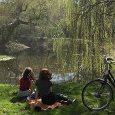 two people sitting on the grass next to a river with a bike in front of them