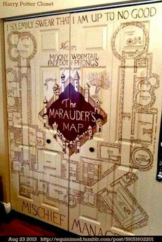 the door to harry potter's apartment is decorated with an image of maraduer's map