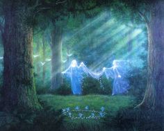 three ghostly figures in the woods near trees