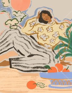 a drawing of a woman sitting in front of a potted plant and bowl of fruit