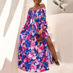 F00160291-114 Boho Print Dress, Look Boho Chic, Cake Skirt, Dresses 2022, Dress Item, Off Shoulder Fashion, Split Maxi Dress, Beach Maxi Dress, Split Dress