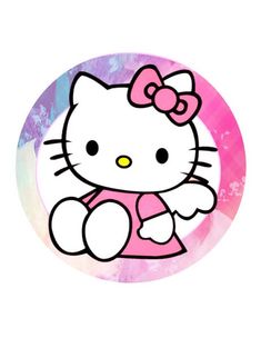 a hello kitty sticker on a pink and blue circle with the word hello kitty