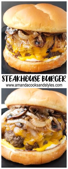 steakhouse burger with cheese and mushrooms on it is shown in two different photos, one has