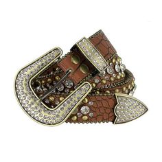 Brown With Gold Studs And White Stones Studded Rhinestones Belts Belt Store, Western Cowgirl Style, Cowboy Buckle, Bling Belts, Cowgirl Bling, Women's Belts, Rhinestone Belt, Studded Belt, Western Belts