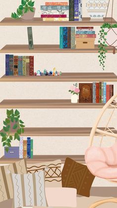 a book shelf filled with lots of books next to a hammock and chair