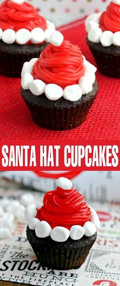 red velvet cupcakes with white frosting and santa hats on top