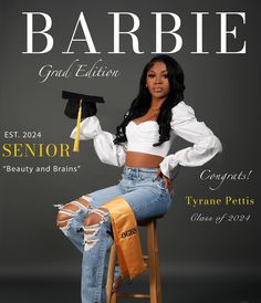 a magazine cover with a woman sitting on a stool holding a graduation cap and diploma