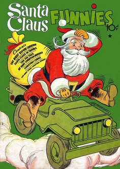 santa claus driving a green army jeep in the air with his hand on top of it