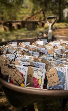 a wheelbarrow filled with lots of love cards