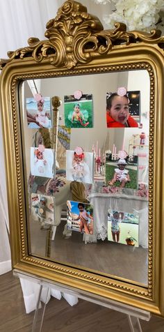 a mirror that has pictures on it