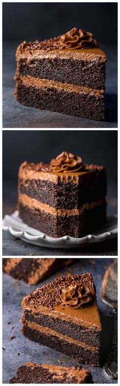 three different views of a chocolate cake with frosting on top and one slice cut out