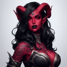 a woman dressed in red and black with horns on her head