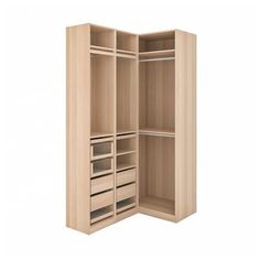 an open closet with drawers and shelves on the bottom shelf, in front of a white background