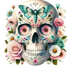 a skull with flowers and a butterfly on it's head, painted in pastel colors