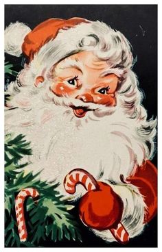 an old fashioned christmas card with santa claus holding a candy cane in his right hand