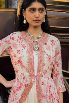 Ivory gathered anarkali style open jacket with masoom gulaabi floral prints, intricated with hand marodi work. Comes with ivory crushed inner anarkali. - Aza Fashions Gathered Anarkali, Marodi Work, Punit Balana, Open Jacket, Pink Jacket, Set For Women, Anarkali, Aza Fashion, Three Quarter