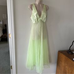 Stunning Neon Lime Green Sheer Double Layered Chiffon Full Nightgown, With Silk Bodice. Absolutely Stunning And In Gorgeous Vintage Condition. Size L Pit To Pit 22” Waist Laying Flat 14” Waist Stretched And Laying Flat 19” Length 52” Night Gown, Lime Green, Double Layer, Bodice, Chiffon, Maxi Dress, Neon, Silk, Womens Dresses