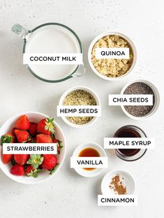 the ingredients to make this smoothie include strawberries, chia seeds, maple syrup, and coconut milk