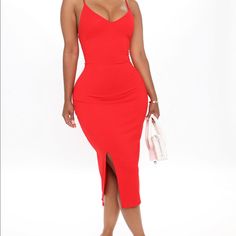 Never Wore Chic Red Solid Color Midi Dress, Trendy Red Sleeveless Midi Dress, Red Casual Midi Dress With Spaghetti Straps, Casual Red Midi Dress For Party, Casual Red Midi Dress For Night Out, Red Casual Midi Dress For Night Out, Red Midi Dress With Spaghetti Straps For Brunch, Red Spaghetti Strap Midi Dress For Brunch, Red V-neck Bodycon Dress For Spring