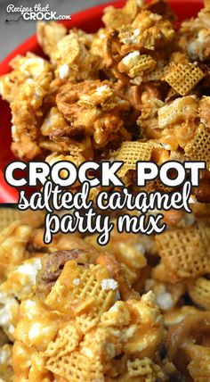 crock pot salted caramel party mix in a red bowl with text overlay