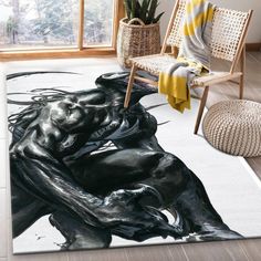 a black and white area rug with an image of a man's torso on it